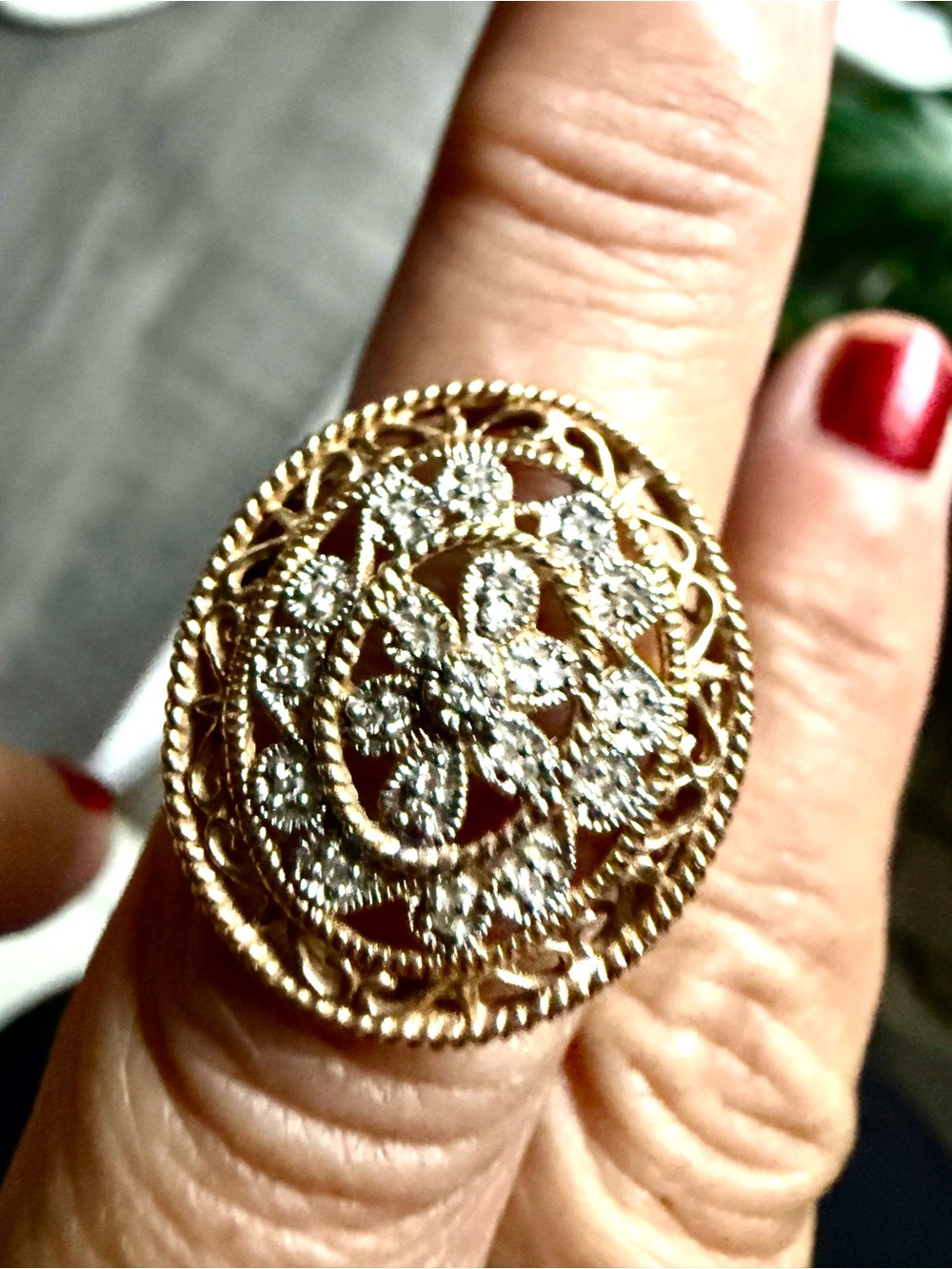 14 kt Gold Filigree Floral Statement Ring with .12 of higher grade diamonds